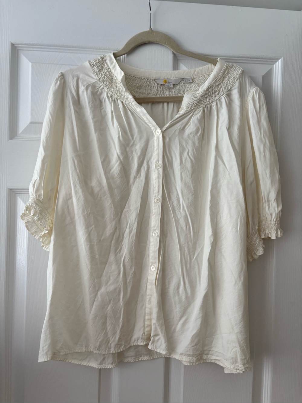 Boden Cream Smocked-Yoke Button Front Blouse Silk